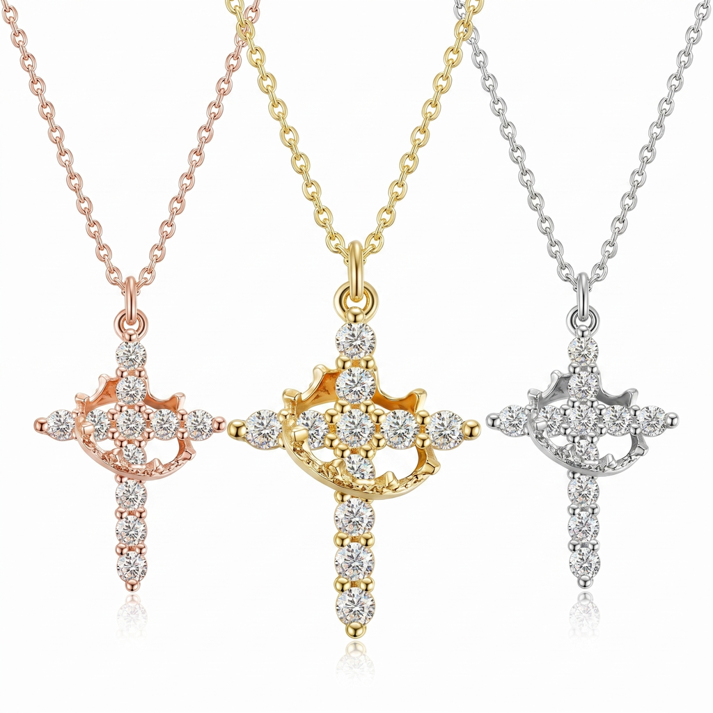 Crown Cross Necklace — Rotating Crown Crystal Pendant