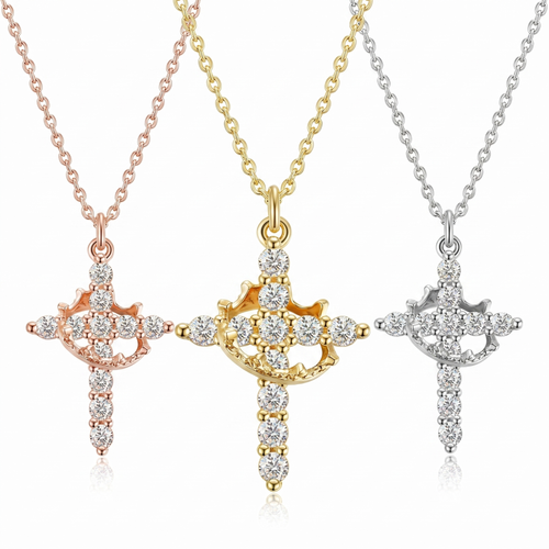 Crown Cross Necklace — Rotating Crown Crystal Pendant