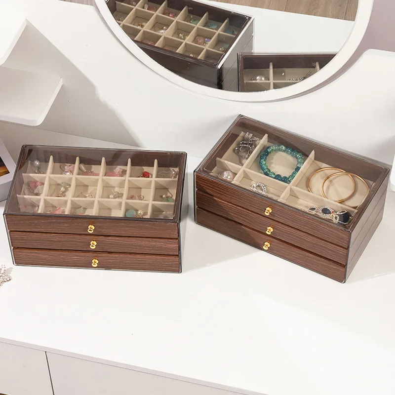 Schmucktruhe — 3 Schubladen Dunkles Holz mit Sichtfenster