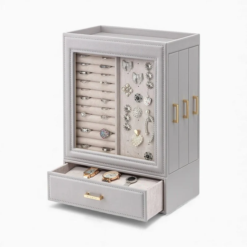 Schmuckschrank — Vertikales PU-Leder mit HD-Glas